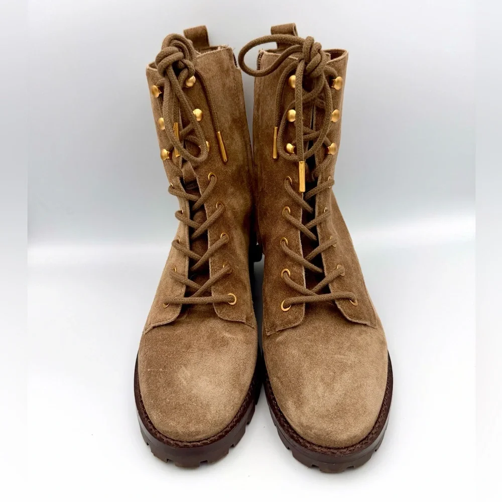 Tory Burch Suede Mid-Calf Combat Boots-Brown